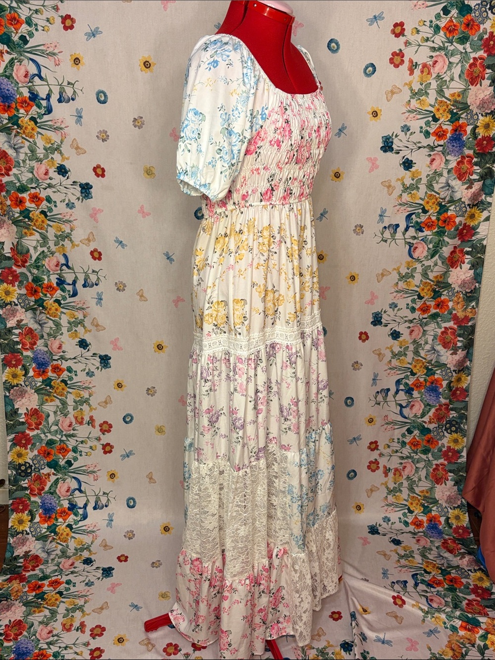 Bohemian Tiered Floral Pastel Maxi Dress in Multi-Color w/ Lace - Picture 3 of 11